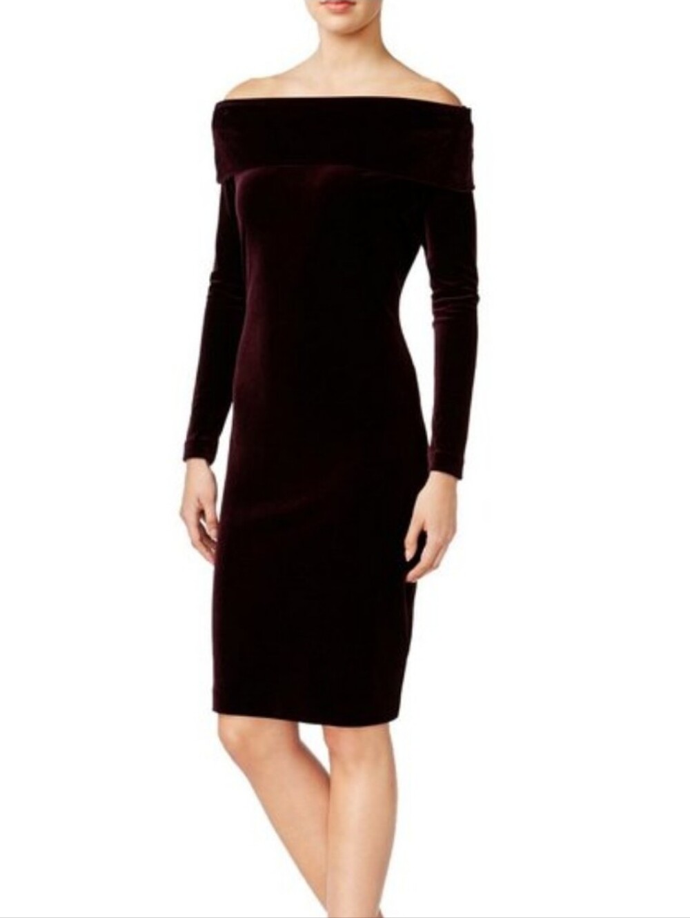 Calvin Klein Velvet Dress, Size 14, Off Shoulder, Plush Stretch, Wine Tone